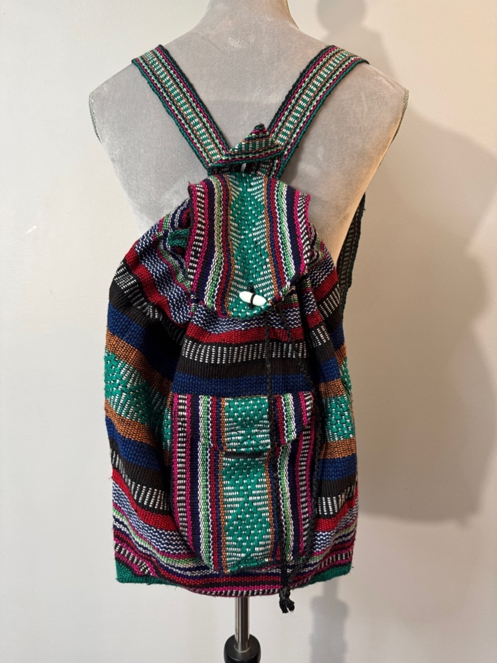 Pinzon Handwoven Green Striped Boho Backpack - Ethnic Pattern